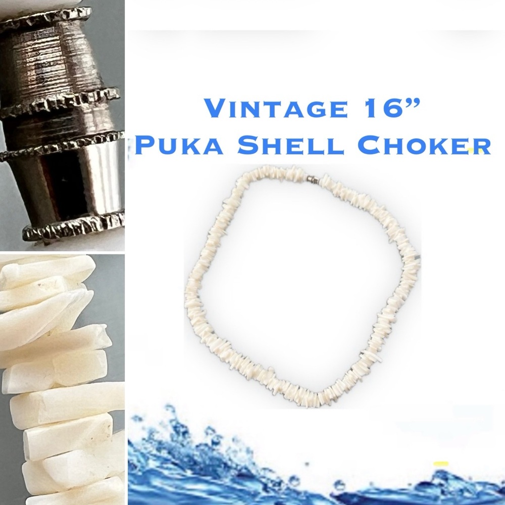 🐚Vintage White Puka Shell Chip Choker Necklace 16” Surfer Beach Boho Unisex